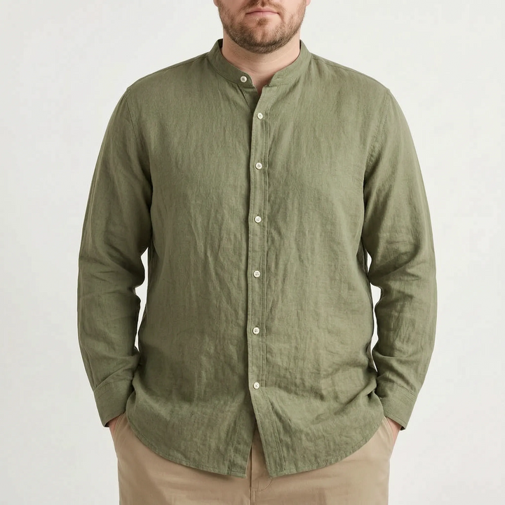 Casual men's long sleeve stand collar shirt featuring a relaxed fit and button-front design for comfort.