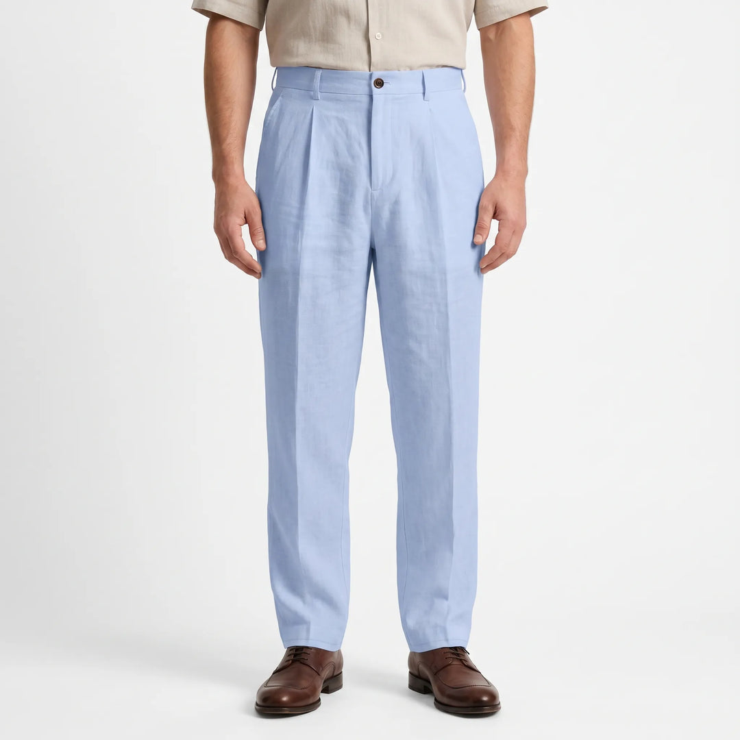 Effortless men's fashion: relaxed fit straight leg pants, versatile for casual & smart casual looks.