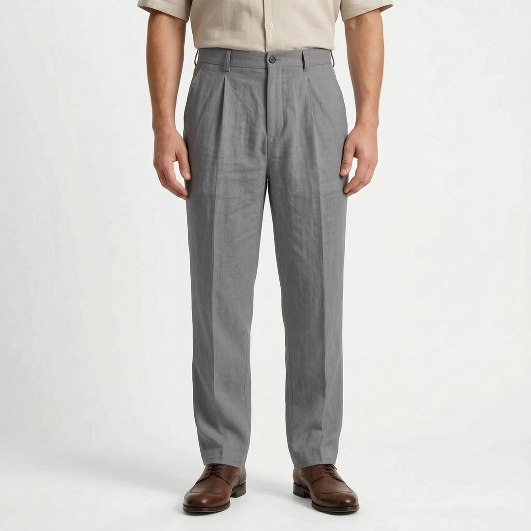 Versatile men's relaxed fit straight leg trousers, great for everyday casual and smart casual spring style.