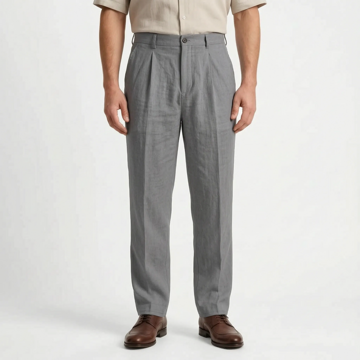 Versatile men's relaxed fit straight leg trousers, great for everyday casual and smart casual spring style.
