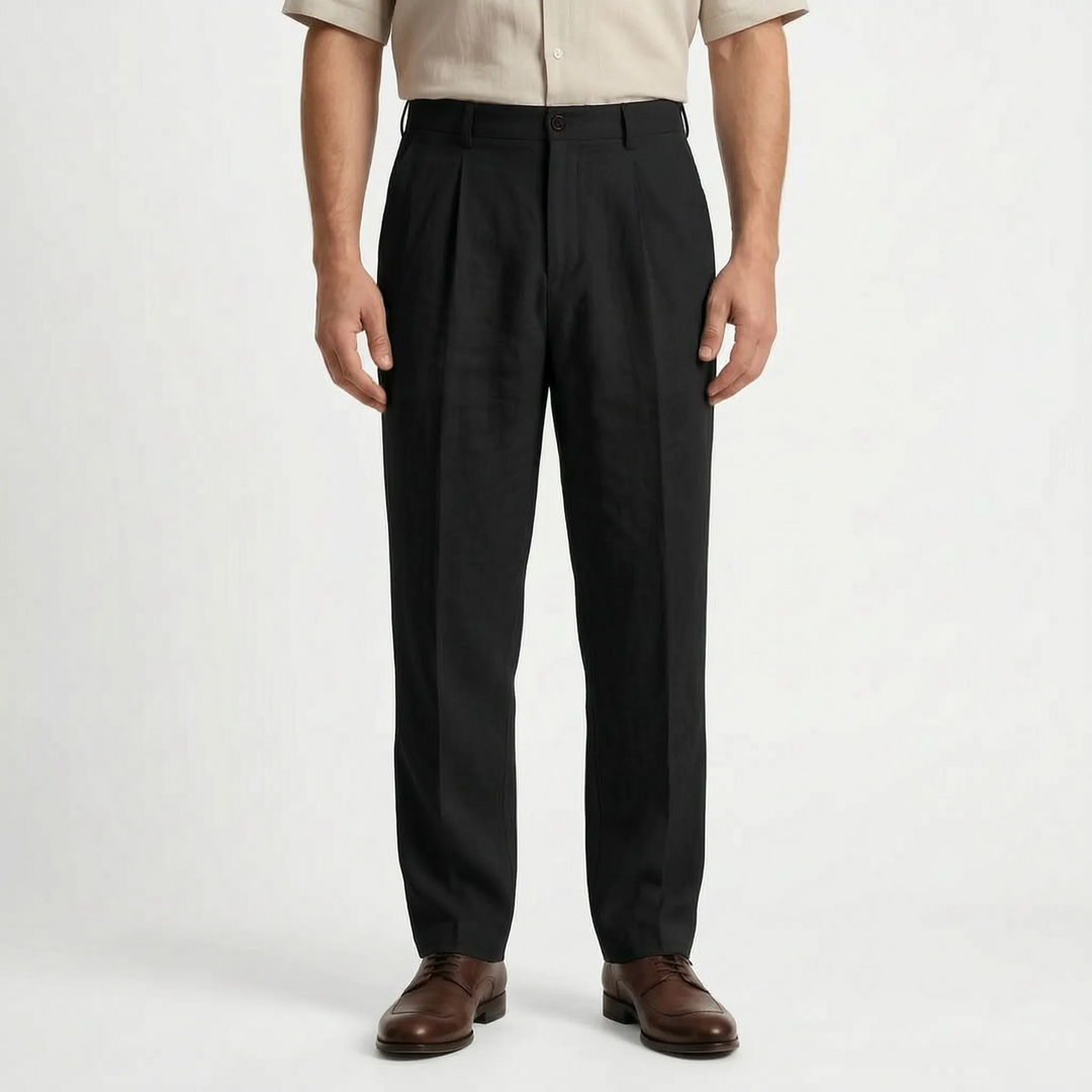 Fashionable men's straight leg trousers, relaxed fit and mid-rise for comfortable, smart casual spring wear.