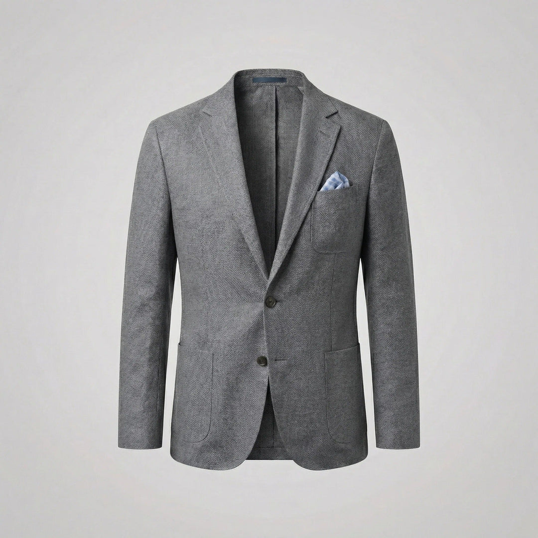 Textured fabric of lightweight men's summer blazer, offering sophisticated casual jacket menswear.