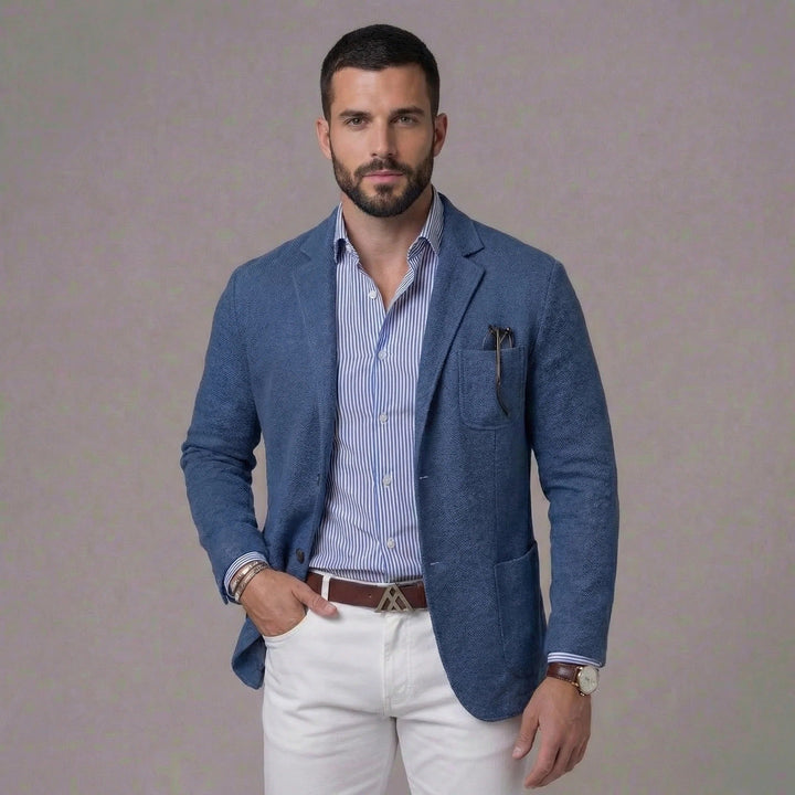 Close-up of lightweight, breathable fabric of men's relaxed fit summer blazer jacket.
