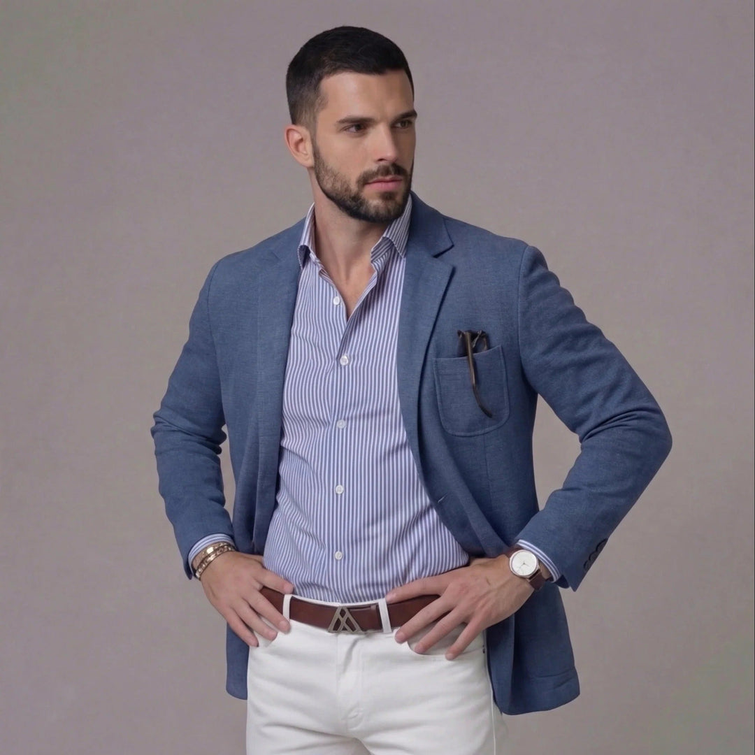 Man in relaxed fit summer blazer, ideal lightweight casual men's jacket for warm weather.