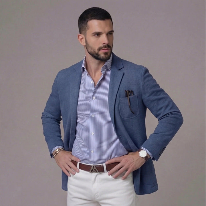 Man in relaxed fit summer blazer, ideal lightweight casual men's jacket for warm weather.