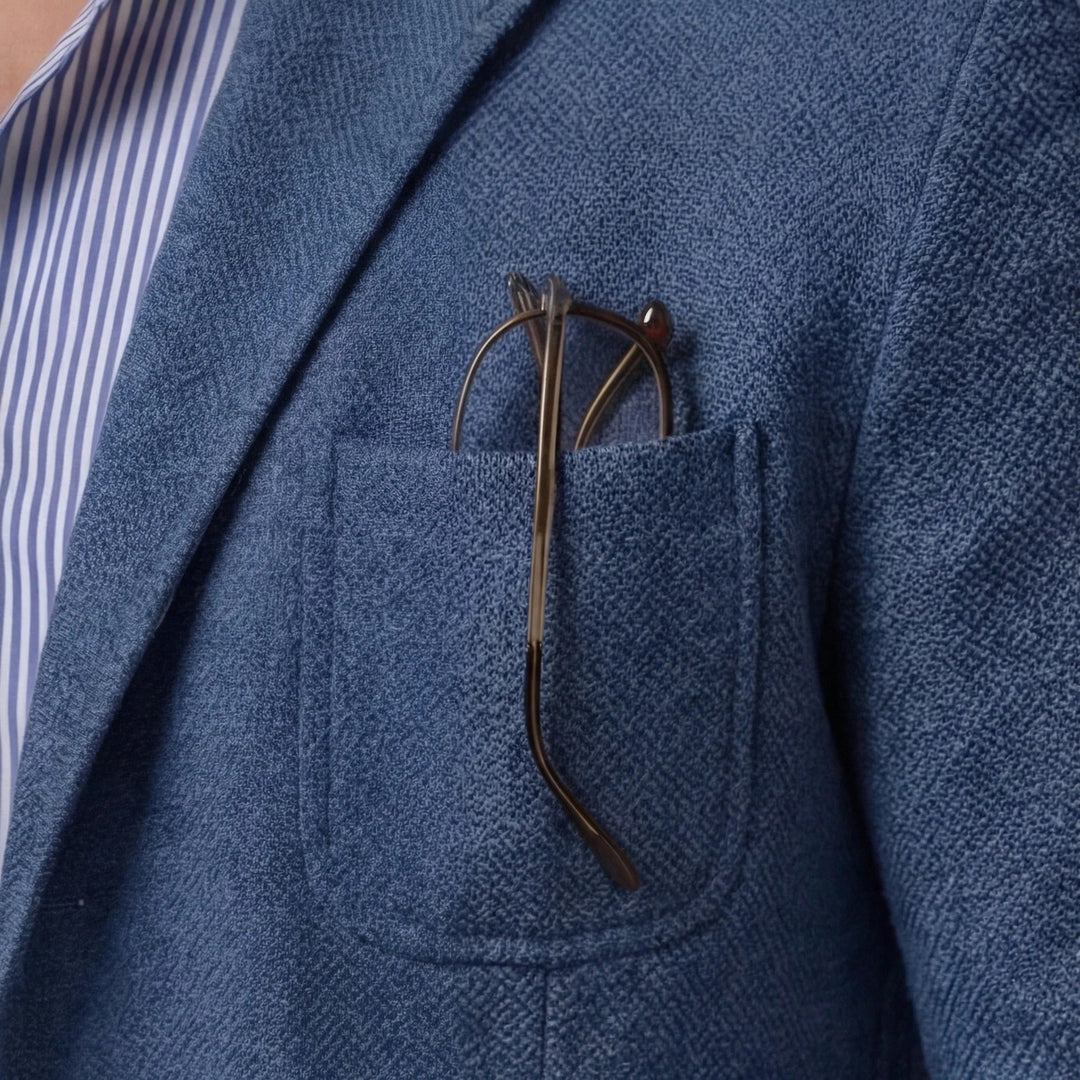 Side view: Lightweight men's relaxed fit summer blazer, contemporary menswear jacket style.