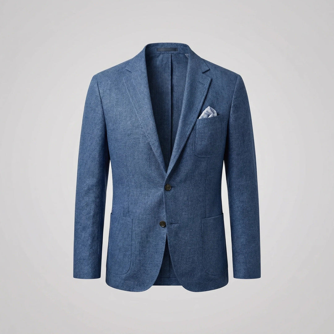 Man wearing open relaxed fit blazer over shirt, versatile lightweight men's summer jacket.