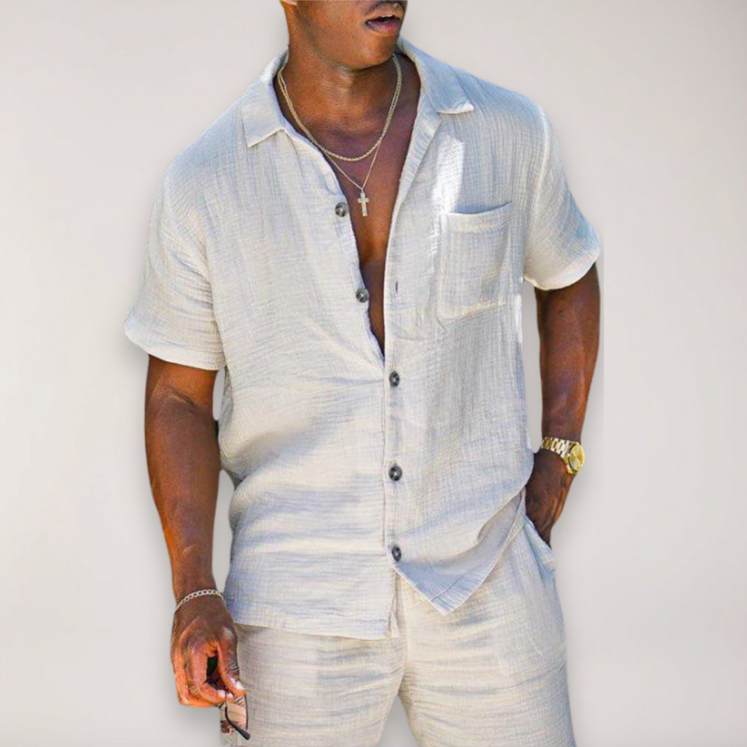 Men's relaxed fit summer shirt & shorts set. Comfortable two-piece casual resort wear for warm weather.