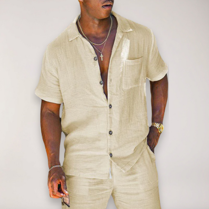 Stylish men's summer shirt and matching shorts. Breathable, relaxed fit two-piece for casual wear & holidays.