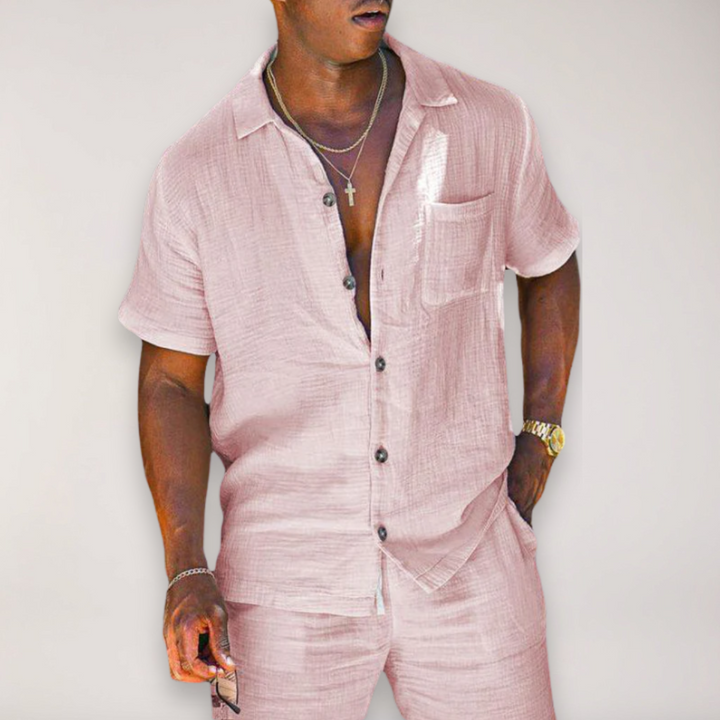 Men's warm weather summer set. Relaxed fit shirt & shorts, perfect for stylish casual wear & holiday outfits.