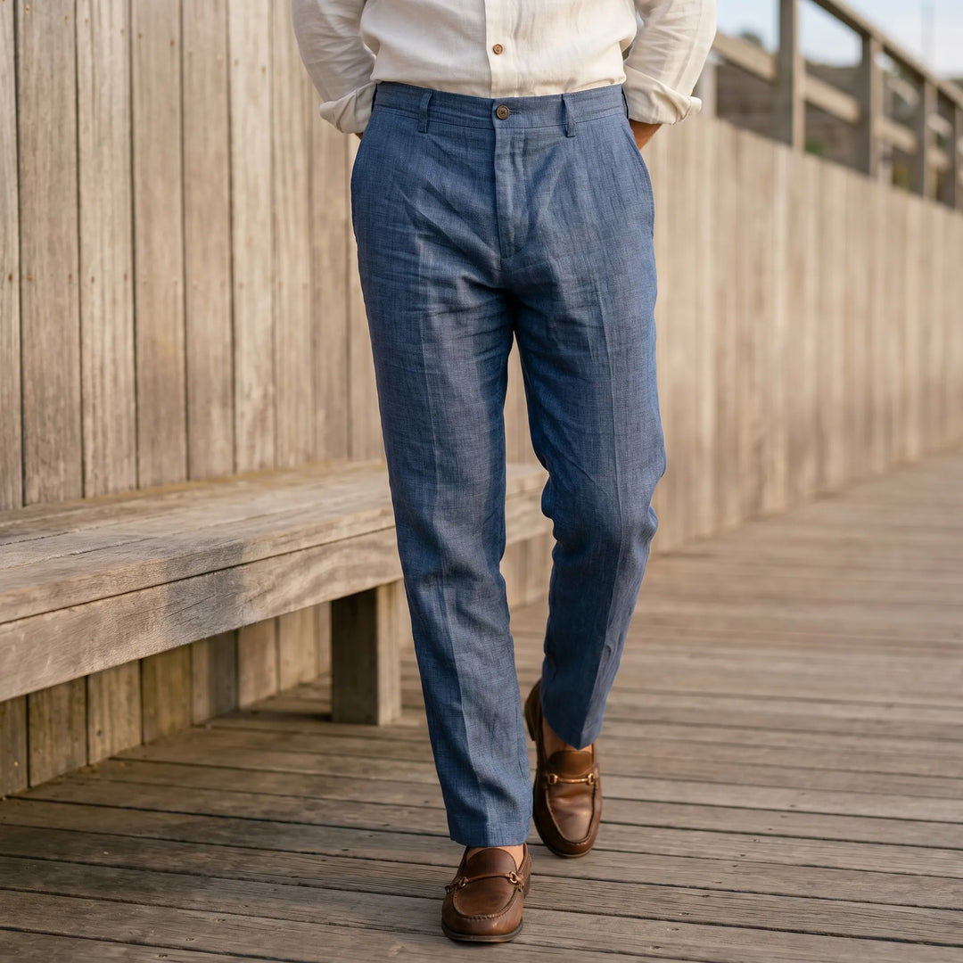 Men's relaxed fit summer trousers for warm weather, offering comfort & effortless style. Ideal for casual or office.
