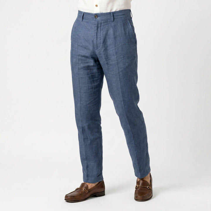 Comfortable men's relaxed fit trousers, perfect for versatile everyday summer wear and office casual style.