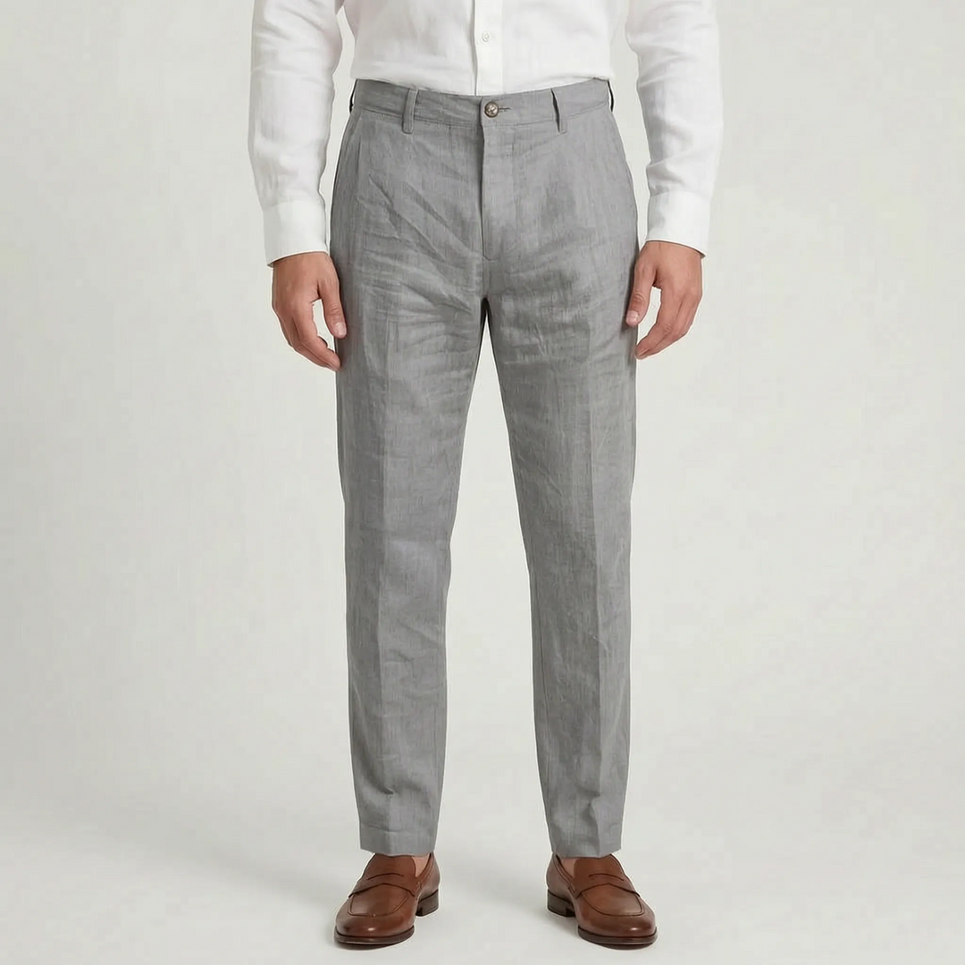 Men's relaxed fit summer trousers in a neutral color, showcasing a comfortable & stylish everyday look.