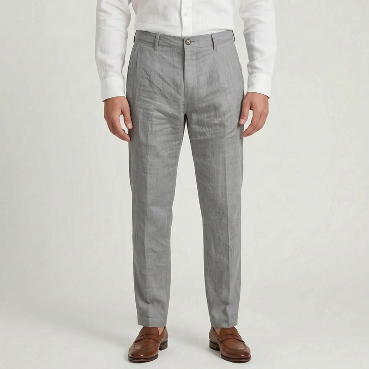 Men's relaxed fit summer trousers in a neutral color, showcasing a comfortable & stylish everyday look.