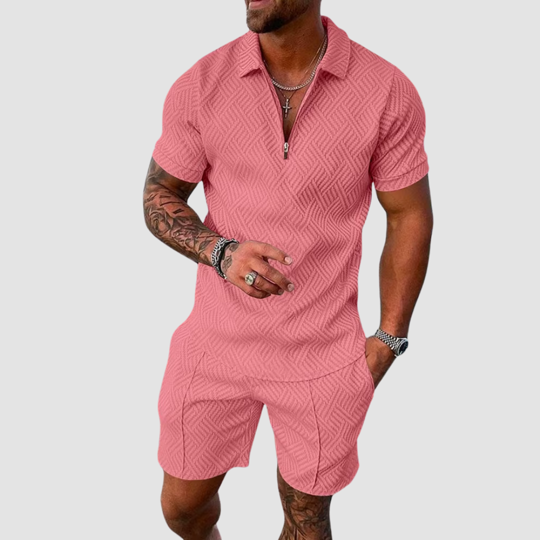 Lightweight men's two-piece summer set. Relaxed fit shirt & shorts, comfortable for casual and loungewear.