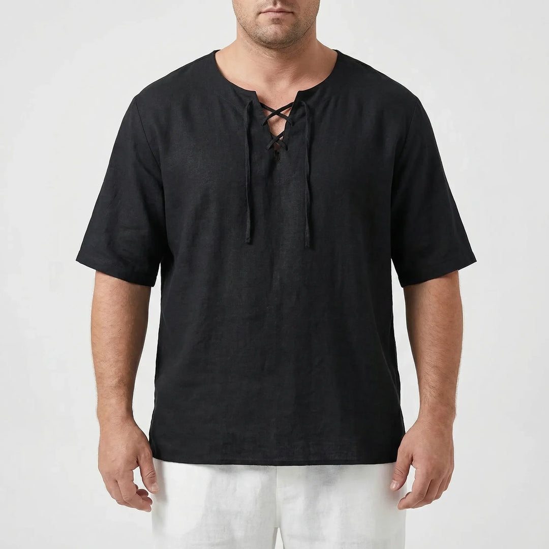Comfortable men's relaxed fit pullover, V-neck with lace-up detail, perfect casual wear.