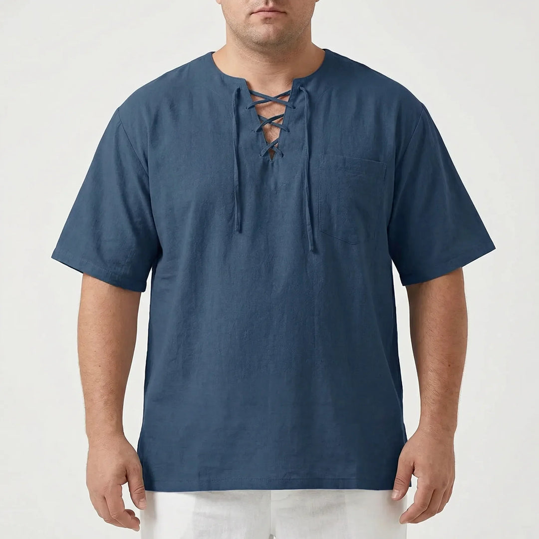 Versatile men's solid color v-neck lace-up pullover, offering casual comfort and relaxed style.