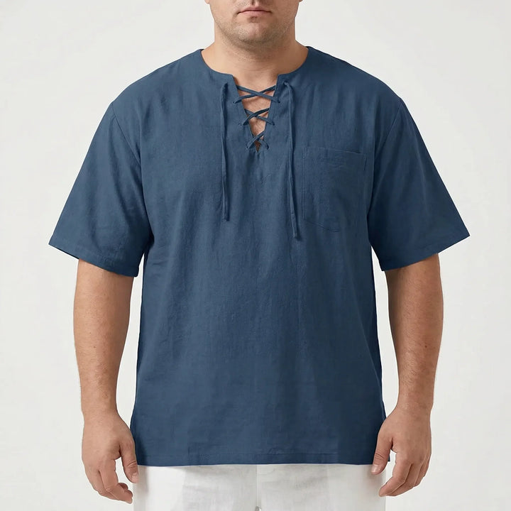 Versatile men's solid color v-neck lace-up pullover, offering casual comfort and relaxed style.