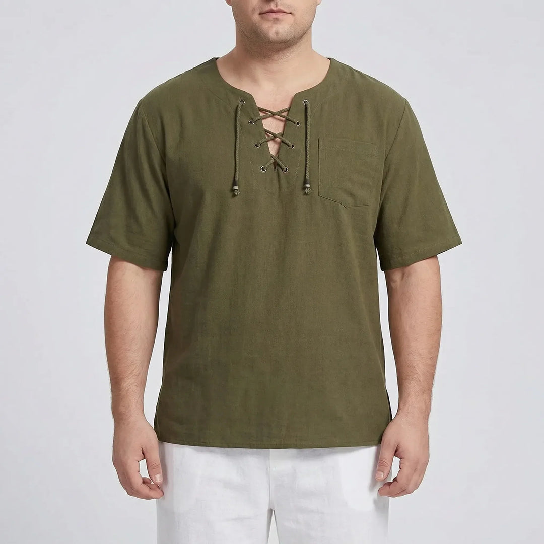 Plus size men's relaxed V-neck lace-up pullover, comfortable half-sleeve design for casual wear.