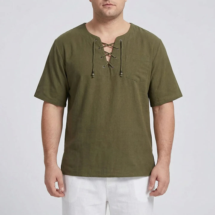 Plus size men's relaxed V-neck lace-up pullover, comfortable half-sleeve design for casual wear.