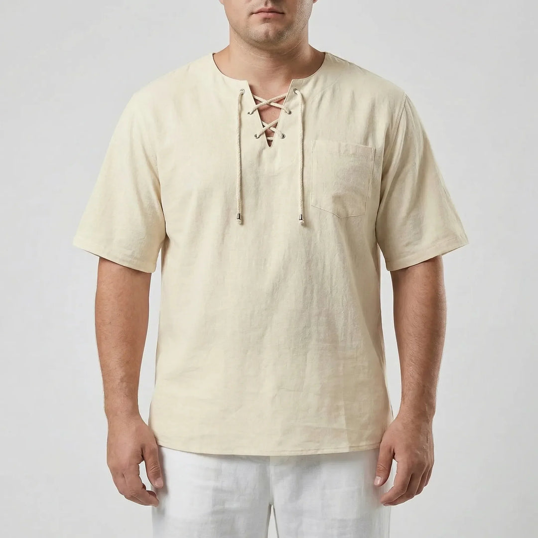 Soft, comfortable men's v-neck lace-up pullover, relaxed fit, perfect for casual summer days.