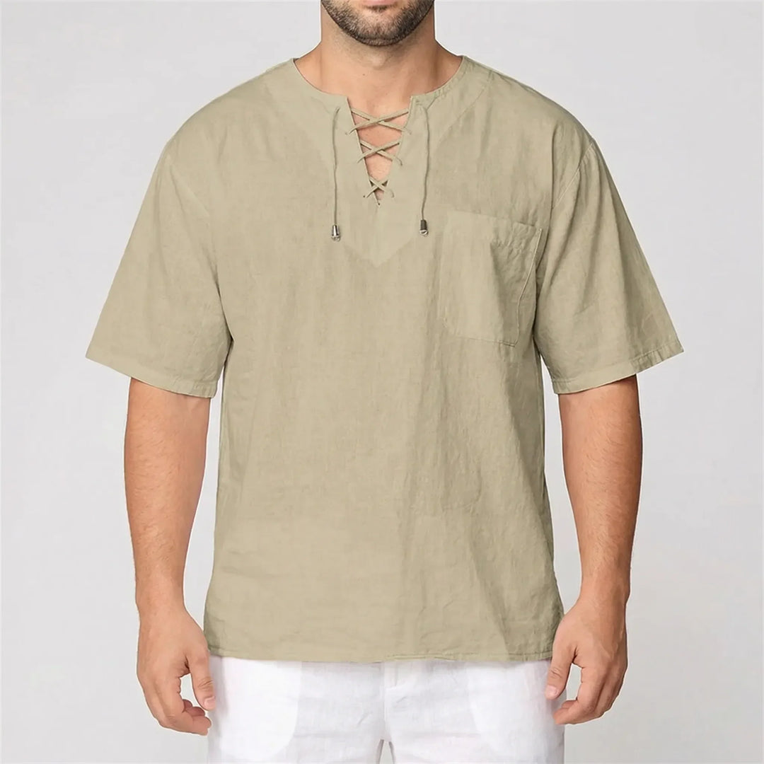 Front view of men's casual v-neck lace-up pullover, relaxed fit, solid color, half-sleeve top.