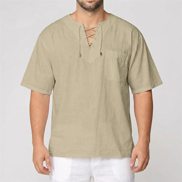 Front view of men's casual v-neck lace-up pullover, relaxed fit, solid color, half-sleeve top.