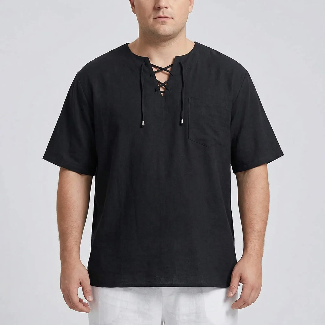 Men's relaxed v-neck lace-up pullover, solid casual top, comfortable half sleeve for summer.