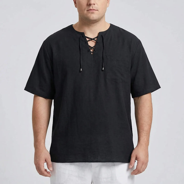 Men's relaxed v-neck lace-up pullover, solid casual top, comfortable half sleeve for summer.