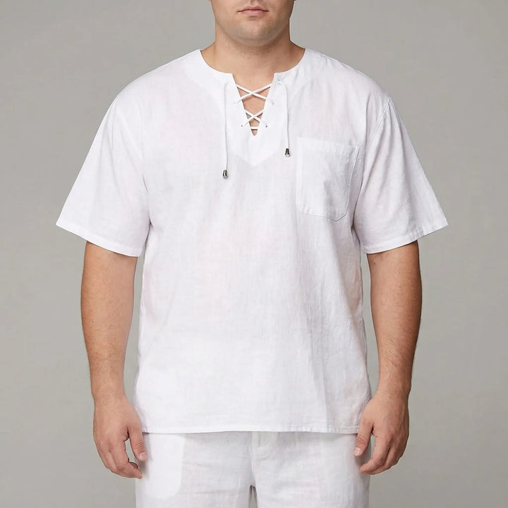 Men's summer casual v-neck lace-up pullover, relaxed and comfortable half-sleeve top.