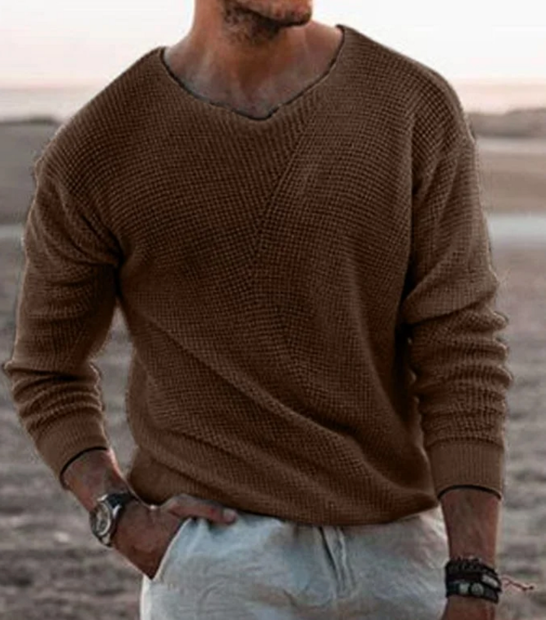 Close-up of the textured waffle knit on a men's relaxed fit long-sleeve sweater.