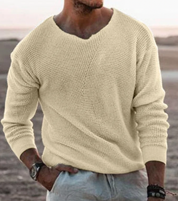 Men's autumn & winter relaxed fit jumper, a cozy long-sleeve waffle knit sweater for daily comfort.