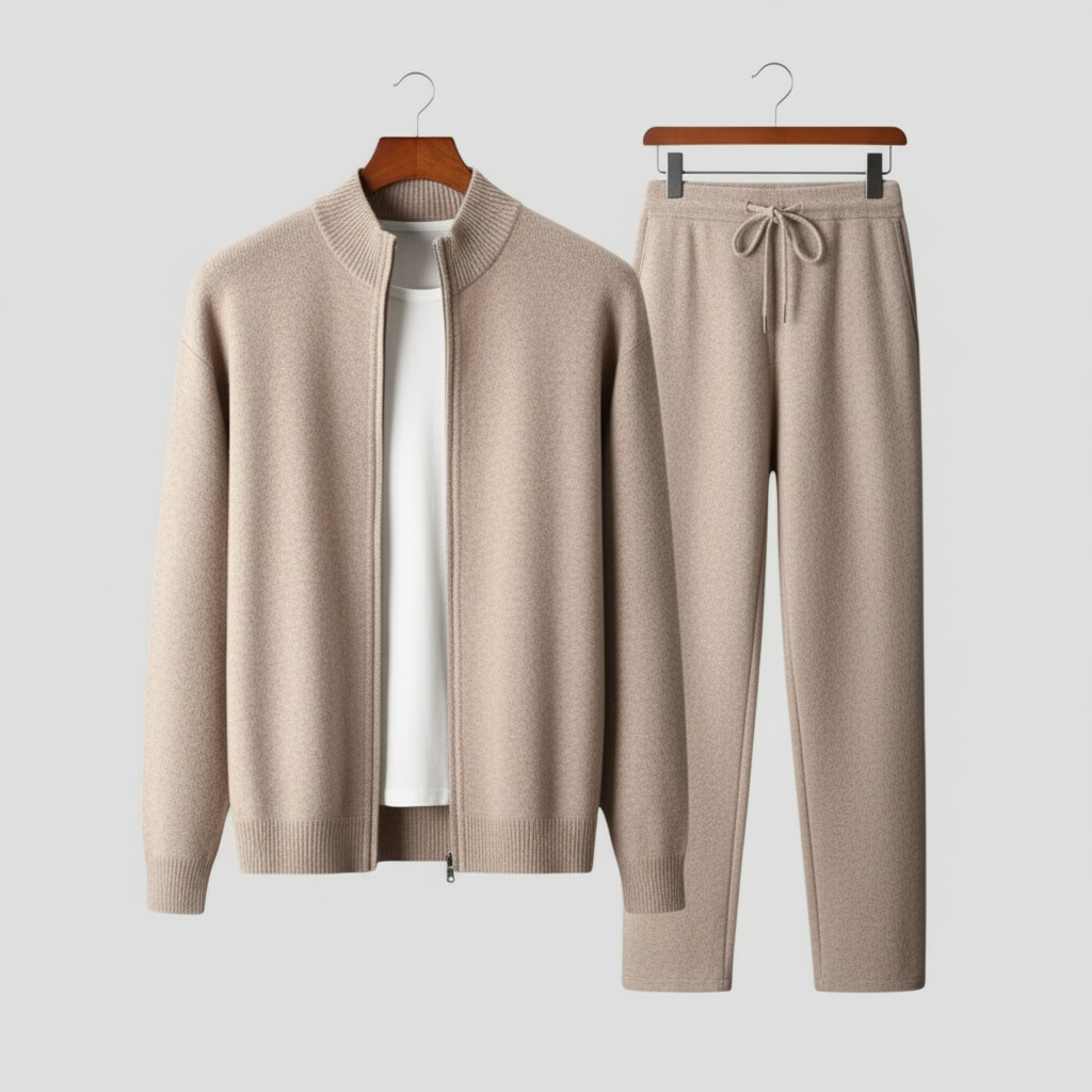 Men's relaxed fit zip-up sweater and drawstring pants lounge set. Comfortable two-piece casual outfit for home.