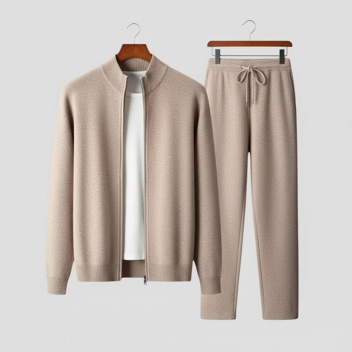 Men's relaxed fit zip-up sweater and drawstring pants lounge set. Comfortable two-piece casual outfit for home.