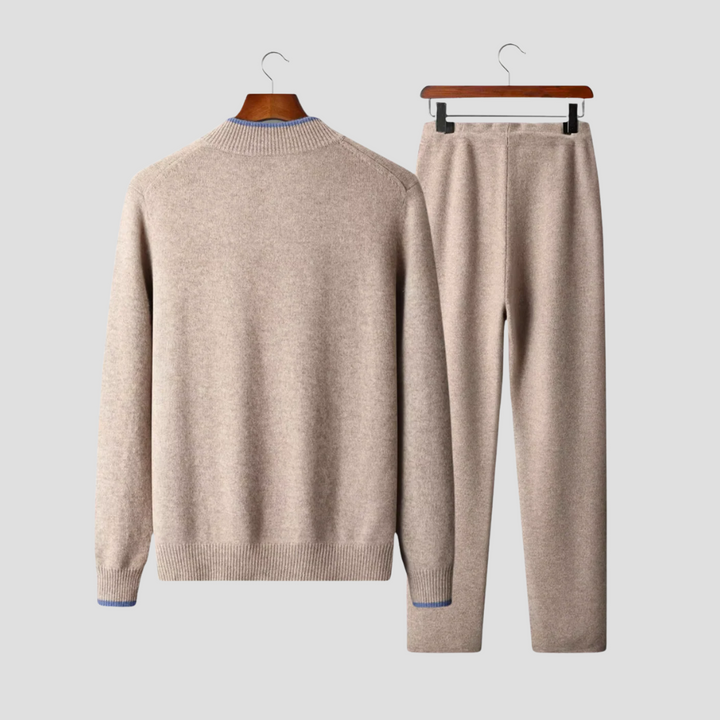 Cozy men's zip-up sweater and drawstring pants lounge set. Relaxed fit for ultimate comfort, perfect for travel or home.