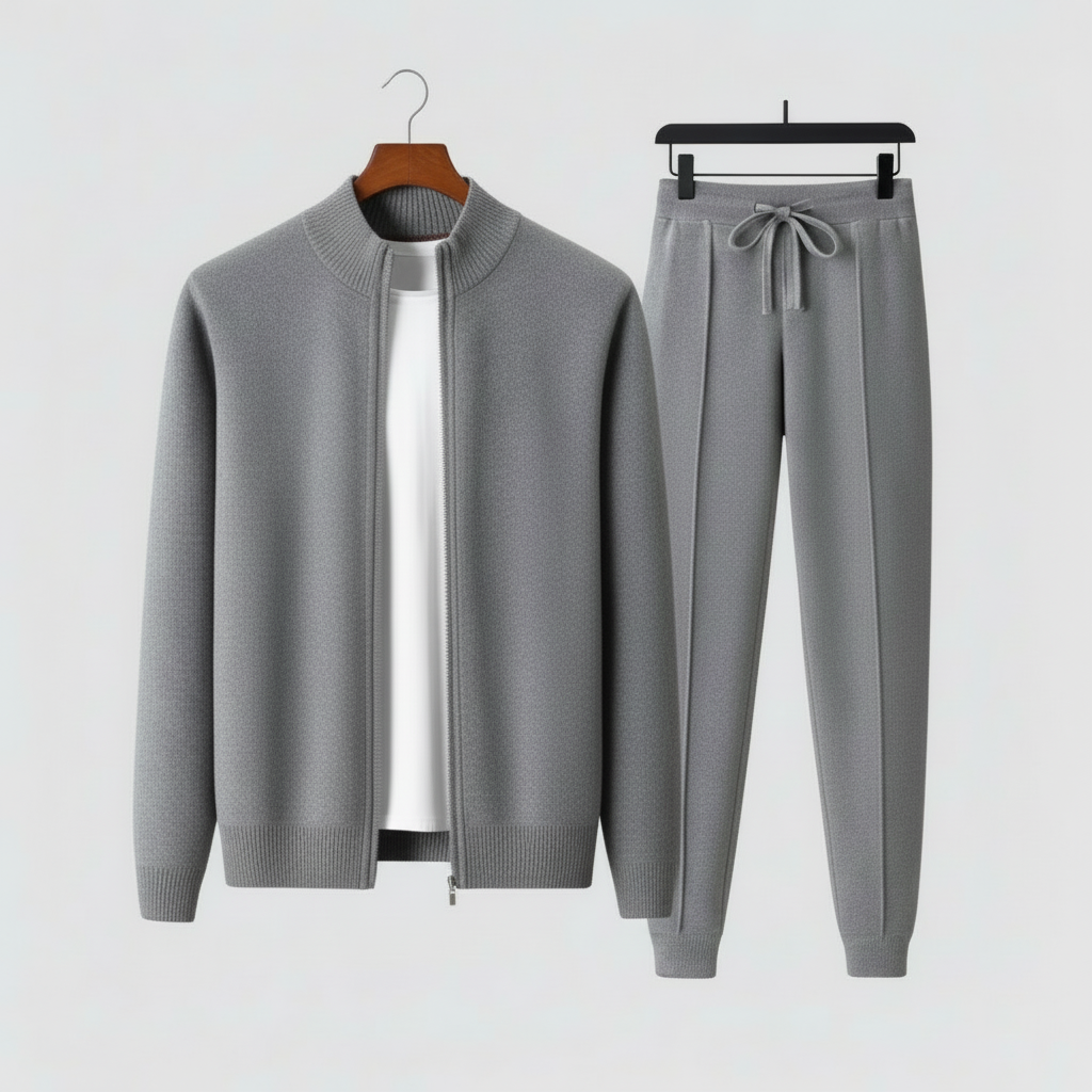 Full view of men's relaxed fit two-piece lounge set, including a casual zip-up sweater and comfortable drawstring pants.