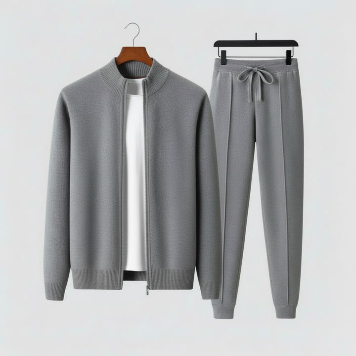 Full view of men's relaxed fit two-piece lounge set, including a casual zip-up sweater and comfortable drawstring pants.