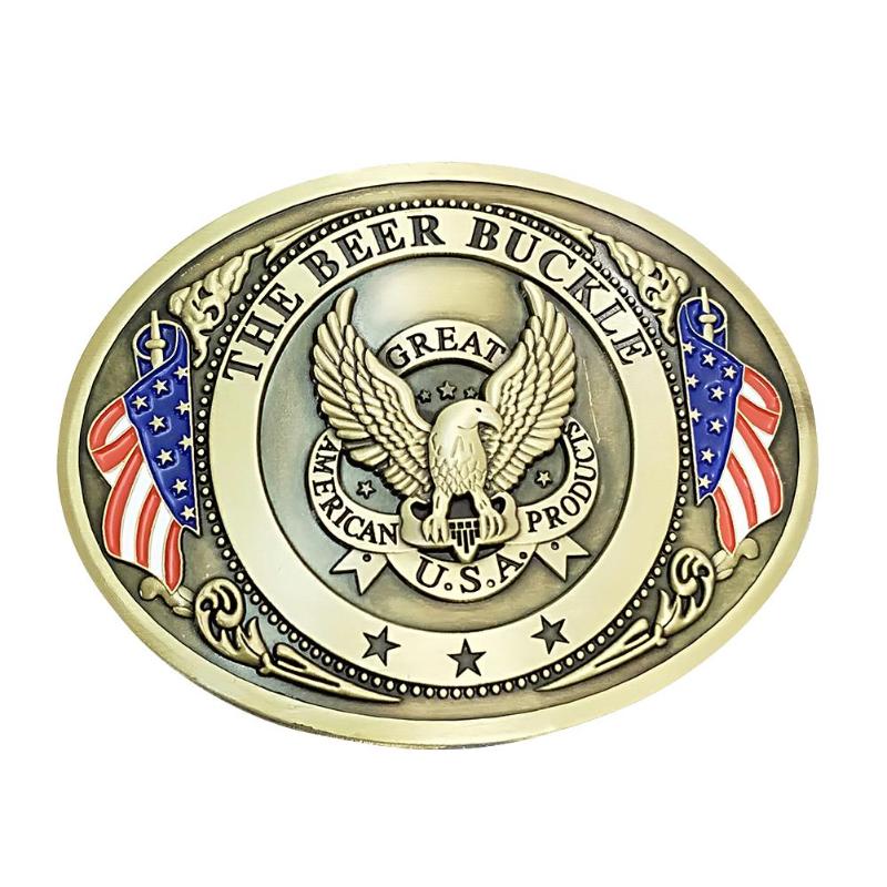 Men's retractable belt buckle drink holder, hands-free party accessory.