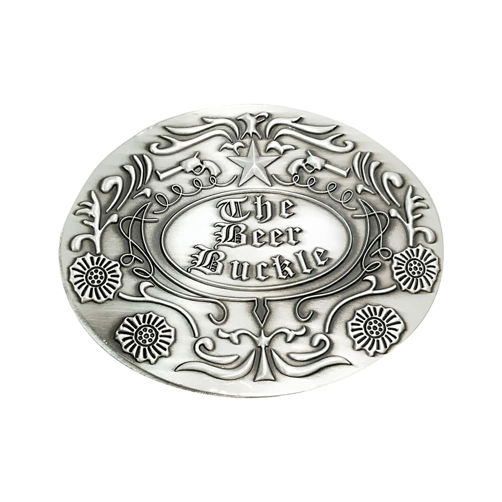 Hands-free men's retractable belt buckle drink & beer holder; convenient party accessory.