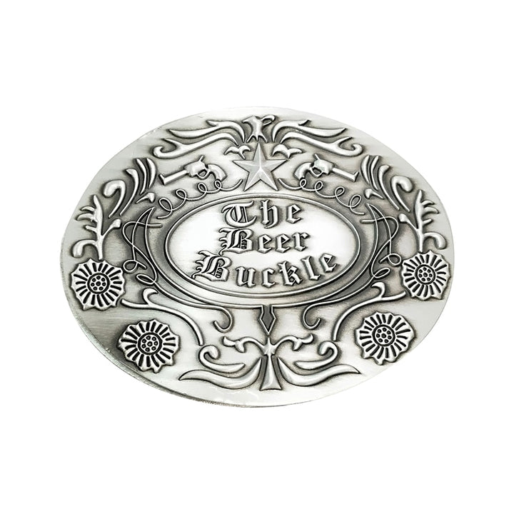 Hands-free men's retractable belt buckle drink & beer holder; convenient party accessory.