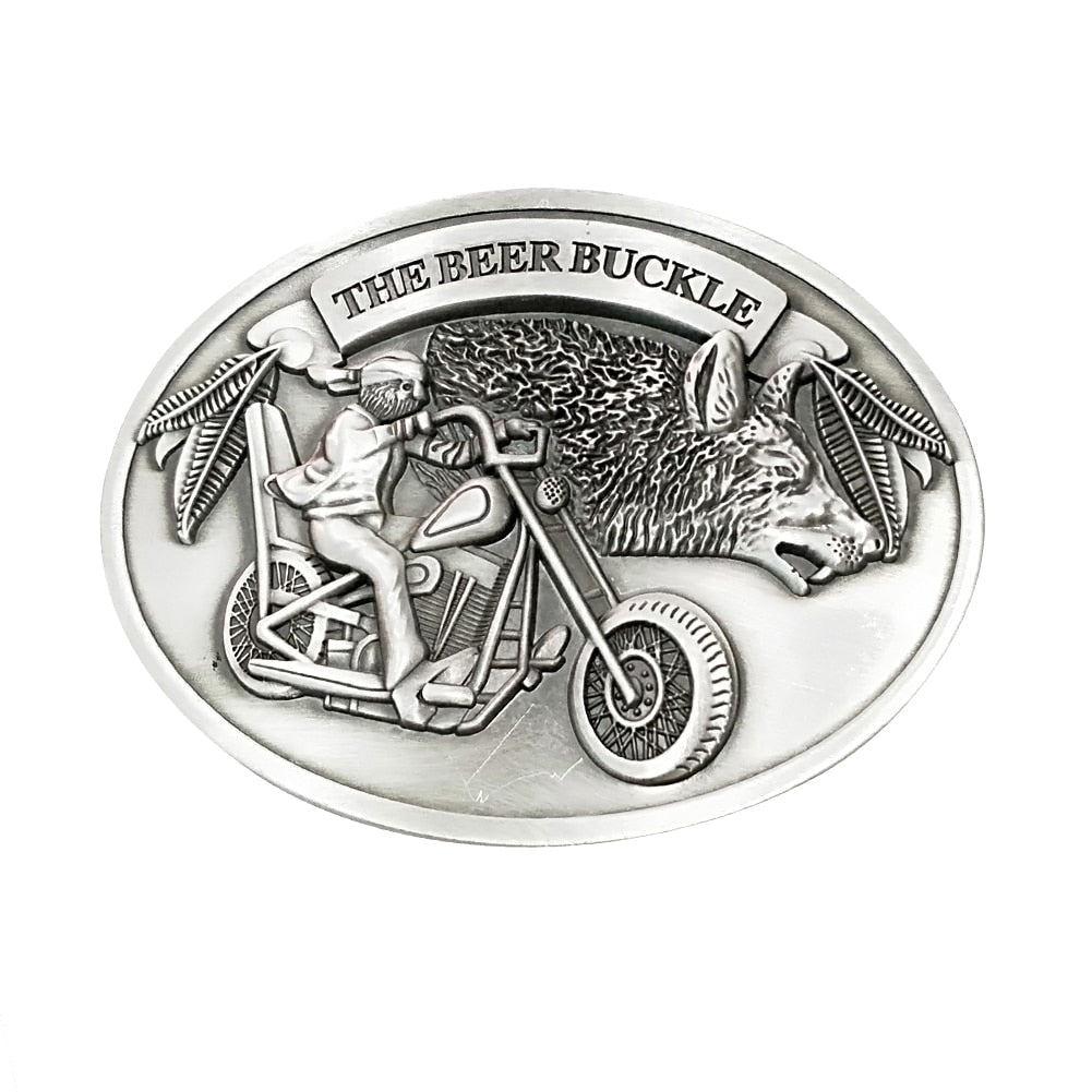 Man wearing a retractable belt buckle drink holder for hands-free beverage access.