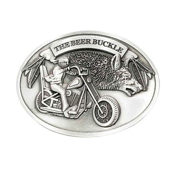 Man wearing a retractable belt buckle drink holder for hands-free beverage access.