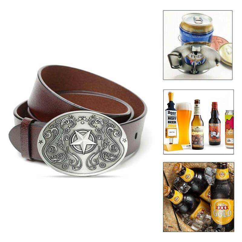 Sleek men's retractable belt buckle with a built-in hands-free drink holder.