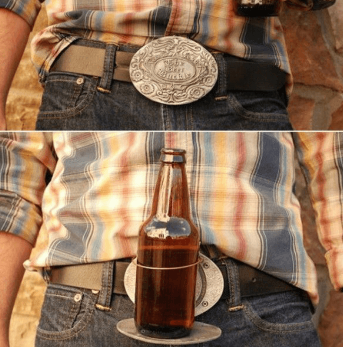 Men's retractable belt buckle that holds drinks; a hands-free party essential.