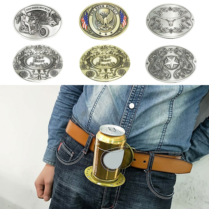 Enjoy hands-free drinks with this men's retractable belt buckle beer holder.