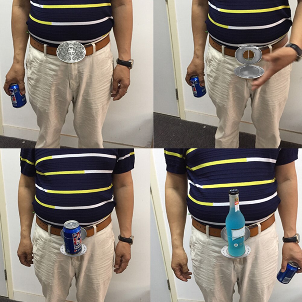 Men's novelty accessory: retractable belt buckle drink holder for easy access.