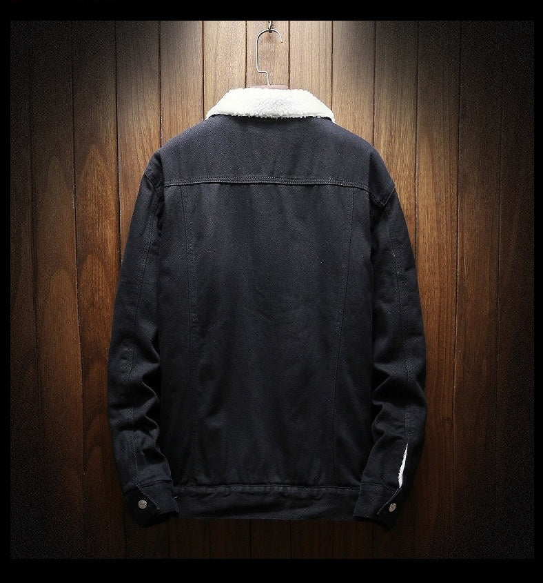 Classic men's retro denim jacket with cozy fleece lining. Ideal layering piece for cool weather. Casual menswear.