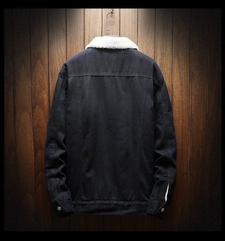 Classic men's retro denim jacket with cozy fleece lining. Ideal layering piece for cool weather. Casual menswear.