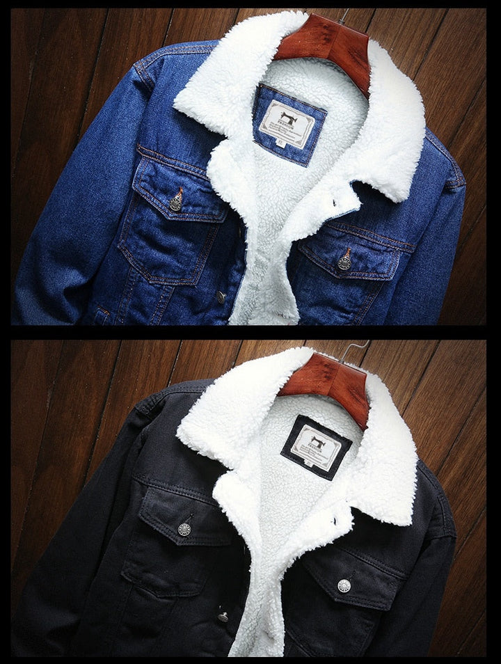 Stylish men's retro denim jacket with warm fleece lining. Essential casual fashion for fall and winter.