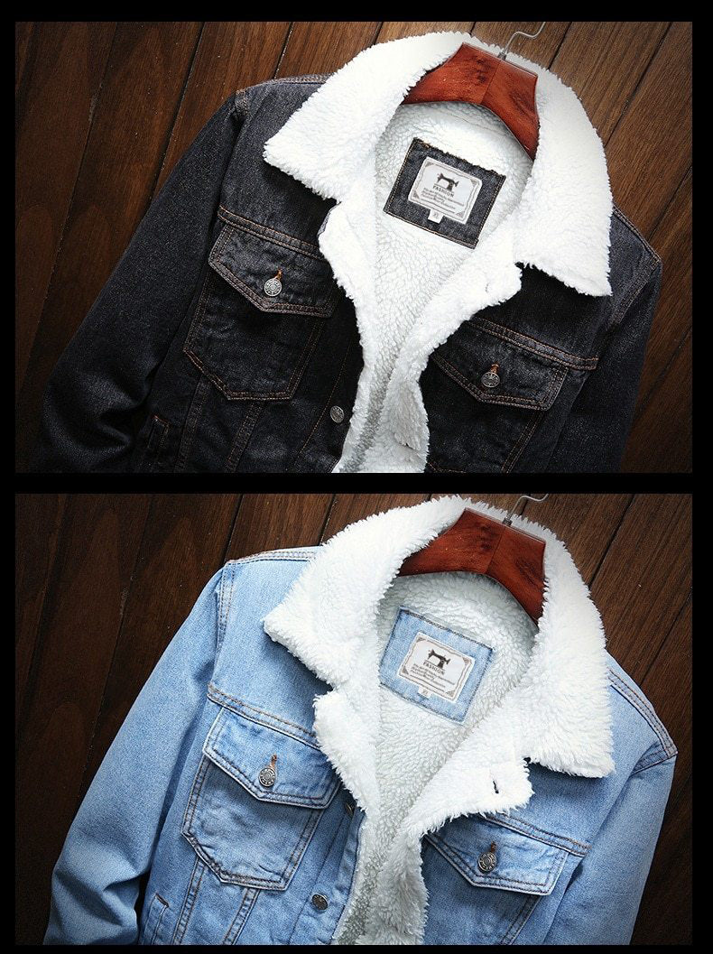 Men's button-up retro denim jacket, fleece-lined for warmth. Cozy & classic casual outerwear.